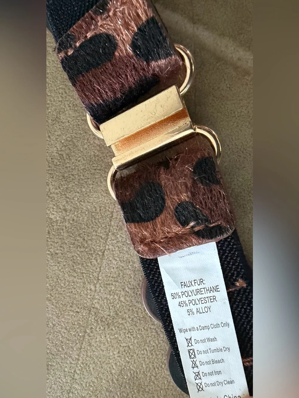 Leopard Print Elastic Women's Belt Black Copper Sheen Faux Hair Gold Tone Clasp